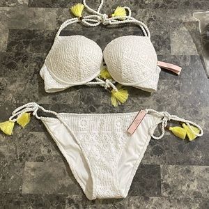 NWT Victoria Secret white w/ yellow tassel swim bikini set. 34D top, M bottoms